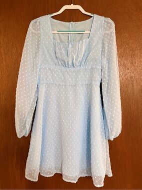 Light Blue Swiss Dot Mini Dress with Long Sheer Sleeves
